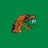 Stylized orange and black rattlesnake head with exposed white fangs on a vibrant green background.